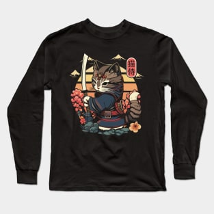 Samurai Cat Tattoo, Kawaii Ninja Cat Long Sleeve T-Shirt